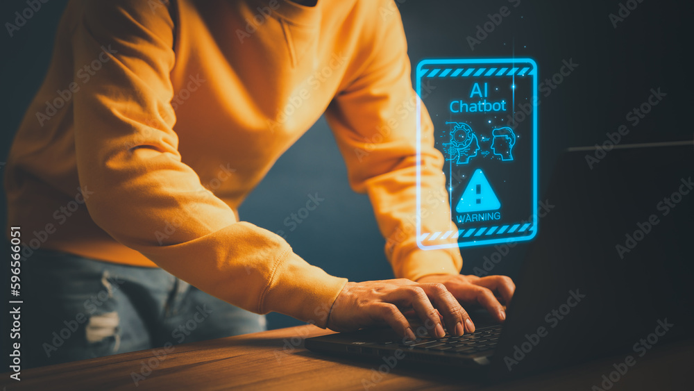 Leinwandbilder Chat with AI, Artificial Intelligence. Young man using laptop chatting with a smart AI using an artificial intelligence chatbot with triangle caution warning sign for notification error concept.