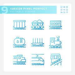 Railway logistics pixel perfect gradient linear vector icons set. Rail freight transport. Train wagon. Thin line contour symbol designs bundle. Isolated outline illustrations collection