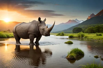 Rolgordijnen rhino in the water © Md Imranul Rahman