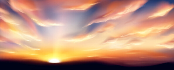 Realistic sunset sky with clouds. Vector illustration of sun going down on horizon, beautiful heavenly orange and pink cloudscape, golden hour. Magic sunlight above ground. End of day, aging symbol