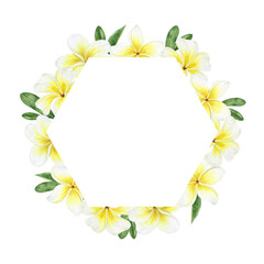 Yellow plumeria flowers. Tropical exotic flowers. Watercolor frame on a white background. For greeting cards, postcard, scrapbooking, packaging design