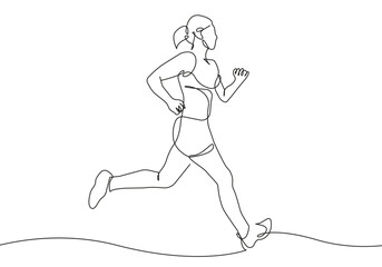 Woman Runner One Line Drawing. Running Abstract Minimal Drawing. Continuous One Line Woman Run Sport Illustration. Modern Trendy Contour Drawing. Vector EPS 10. 