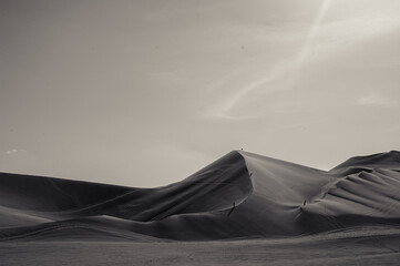 Fototapeta na wymiar Young people enjoy the desert in the dunes of Ica. January 2022 Ica Peru.