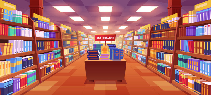 Cartoon bookstore interior with many books on shelves, table with bestsellers in aisle. Modern library design with literature on bookshelves and lamps on ceiling. Reading hobby. Publishing business