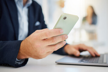 Phone, business and laptop with hands of man in office for research, planning and networking. Technology, digital and communication with male employee for contact, online connection and email