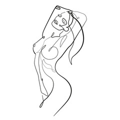 Nude Woman Line Art Minimalism Fashion Style. Nude Woman Art. Naked Female Figure Black Sketch Drawing. Vector EPS 10