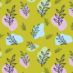 Floral stylish leafy seamless pattern, Vector stylised botanical line art, On green background, Hand drawn leaves