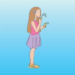 Little girl blowing soap bubbles. Vector sketch hand drawn with black lines, isolated on blue background. 