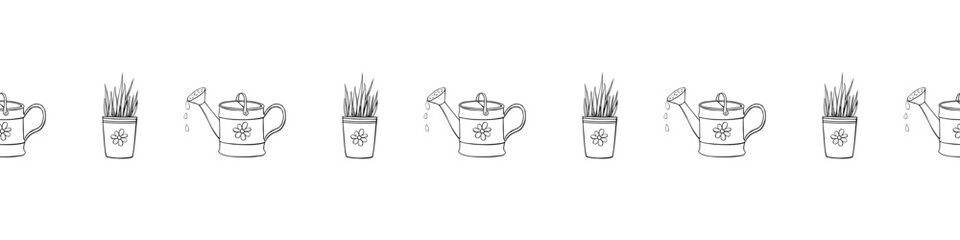 Edging, ribbon, border with watering cans, flower pots. Vector outline seamless pattern, ornament, decorative element, decoration on topic of growing and caring for plants for home, garden