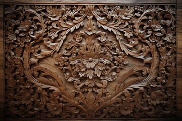 Wooden book cover with Thai Arabesque style design displayed on wall. Generative AI