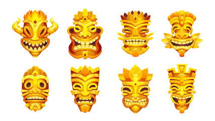 Cartoon set of totem tiki masks isolated on white background. Vector illustration of hawaiian traditional carved wooden accessory for magic ritual, home decoration for protection. Tribal culture