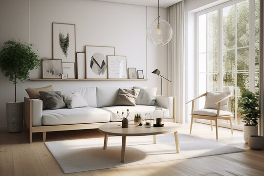 Bright modern interior, white sofa, Scandinavian style, 3D rendering. Generative AI