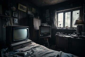 A creepy room with an old TV and flying pillows. Static on the screen makes it seem haunted. Generative AI
