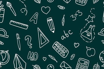 School education. Seamless pattern with doodles. Let's go back to the school drawing of doodles.Paper background, suitable for printing on fabric, wrapper. Vector illustration