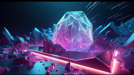 Abstract futuristic background with cosmic terrain, crystals, and glowing geometric shape. Fantastic neon wallpaper - Generative AI