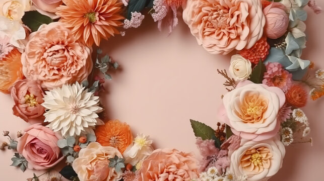 A frame decorated with flowers, blank space for text - Generative AI