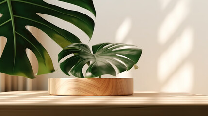 Beautiful grain, natural shape wooden podium table, green monstera tree in sunlight - Generative AI