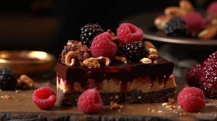 Fototapeta na wymiar Chocolate dessert with raspberry and blackberry, cheesecake with fresh berries, nuts, and caramel - Generative AI 