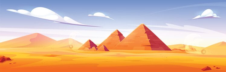Cartoon sandy desert with antique pyramids in Egypt. Vector illustration of natural landscape with ancient historical buildings, pharaoh tombs, sightseeing place under blue sunny sky. Summer tourism