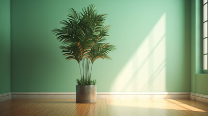 Clean, blank sage green wall with a tropical tree in a tall shiny steel pot, sunlight for interior design decoration, appliance, furniture product background - Generative AI