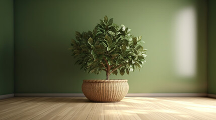 Clean, blank sage green wall with a tropical tree in a tall shiny steel pot, sunlight for interior design decoration, appliance, furniture product background - Generative AI