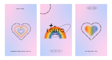 Set of trendy minimalist queer aesthetic posters with linear shapes and retro gradient LGBTQIA graphics. Y2K Pride Month social media templates with 90s linear design. Vector illustration.