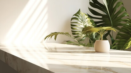Empty modern, minimal counter in dappled sunlight and tropical foliage palm leaf shadow on the cream-white wall for luxury beauty - Generative AI