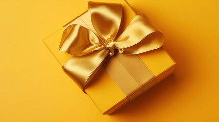 Obraz na płótnie Canvas Gift box with gold satin ribbon and bow on yellow background. Holiday gift with copy space. Birthday or Christmas present - Generative AI