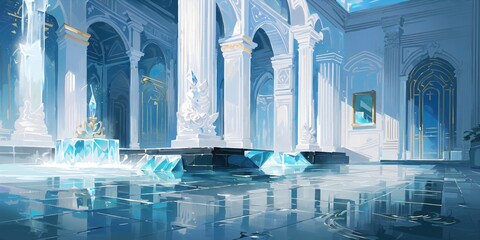 anime style background, architecture, blue, mosque, crystal, ice, cold, frozen, interior, hall, palace, temple, water, generative ai, generative, ai - obrazy, fototapety, plakaty