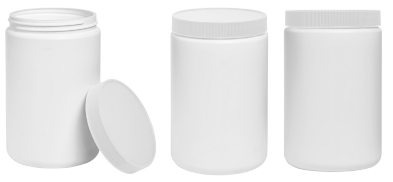 set of big white plastic jar for medicals with screw cap isolated