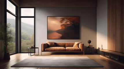 Minimalist living room decorated with brown and neutral tones, generative ai