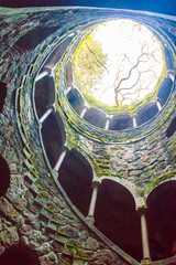 Initiation Well (Inverted tower) at park of Quinta da Regaleira palace in Sintra, Portugal