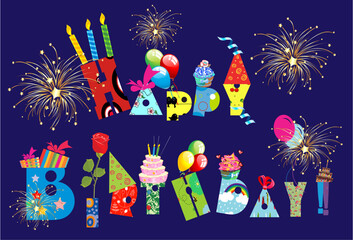 birthday composition with colorful lettering and fireworks