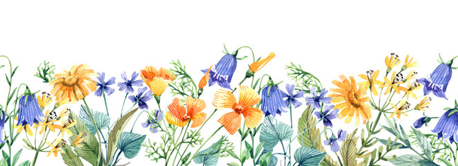 Wildflowers seamless border with bluebell, daisy, violet flowers on white background.