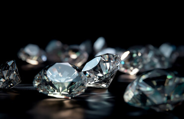 Numerous diamonds sparkling and colorful surface, showcasing luxury and wealth. Isolated on a black or dark background. Shallow depth of field, Illustrative Generative AI