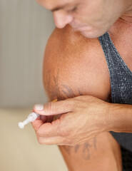 Sports, steroids and male body builder with a syringe in his arm for muscle development. Fitness,...