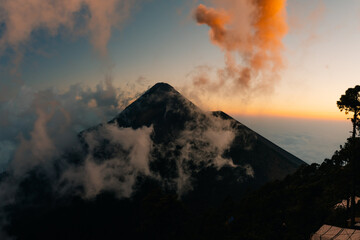 Volcano Fuego erupting at night from view of Volcano Acatenango, Guatemala