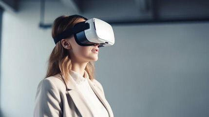Business Woman Wearing a VR Headset