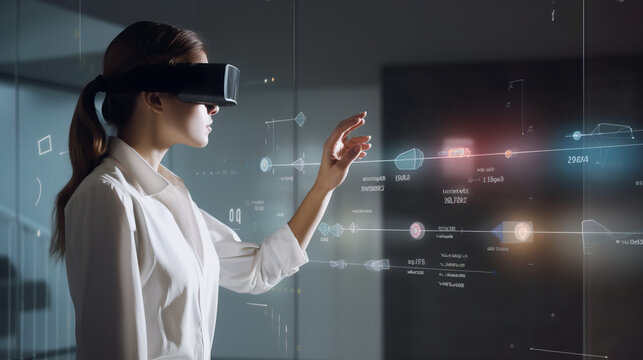 Woman Wearing a VR Headset With a Futuristic Mixed Reality User Interface