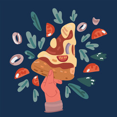 Cartoon vector illustration of hand holding a slice of pepperoni pizza.. Hand holding fast food.