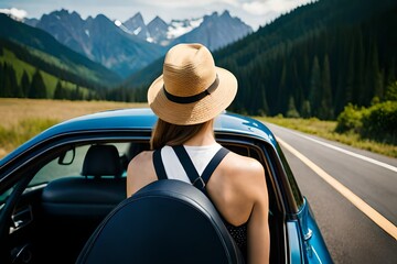 Woman with a hat  from back on a car,  summer roadtrip to mountains.