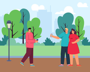 Obraz na płótnie Canvas Happy couple greeting friend in park vector illustration. Cartoon drawing of people hanging out outside together and holding phones. Outdoor activity, communication, friendship concept