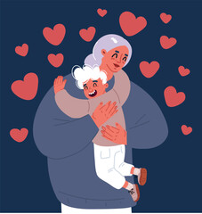 Cartoon vector illustration of woman hugging son, family enjoying tender moment