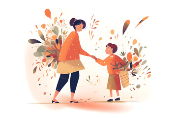 A child gives his mother flowers on Mother's Day card