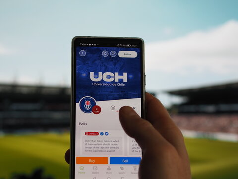 Apr 27th 2023. A fan of Universidad de Chile looks at his team's token UCH on Socios app, the marketcap of the Chilian team nft on a screen.