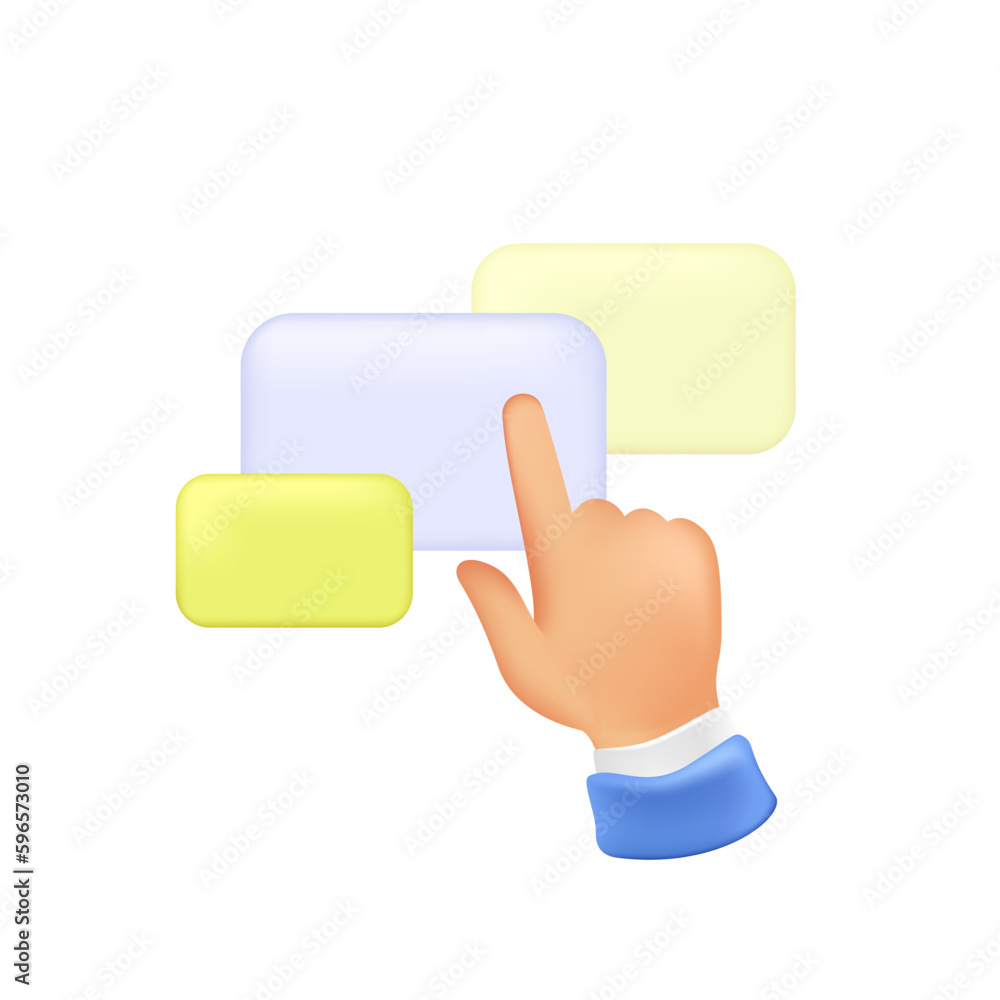 Poster touchscreen device 3d vector illustration. hand pressing and scrolling web tabs on screen in cartoon