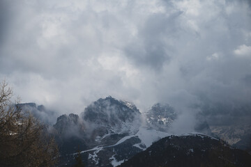 Dolomites, Snow covered mountains, cloud over the mountains