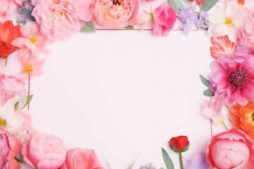 Watercolor floral Mother's Day frame on a pink and white background with space for text. Generative AI