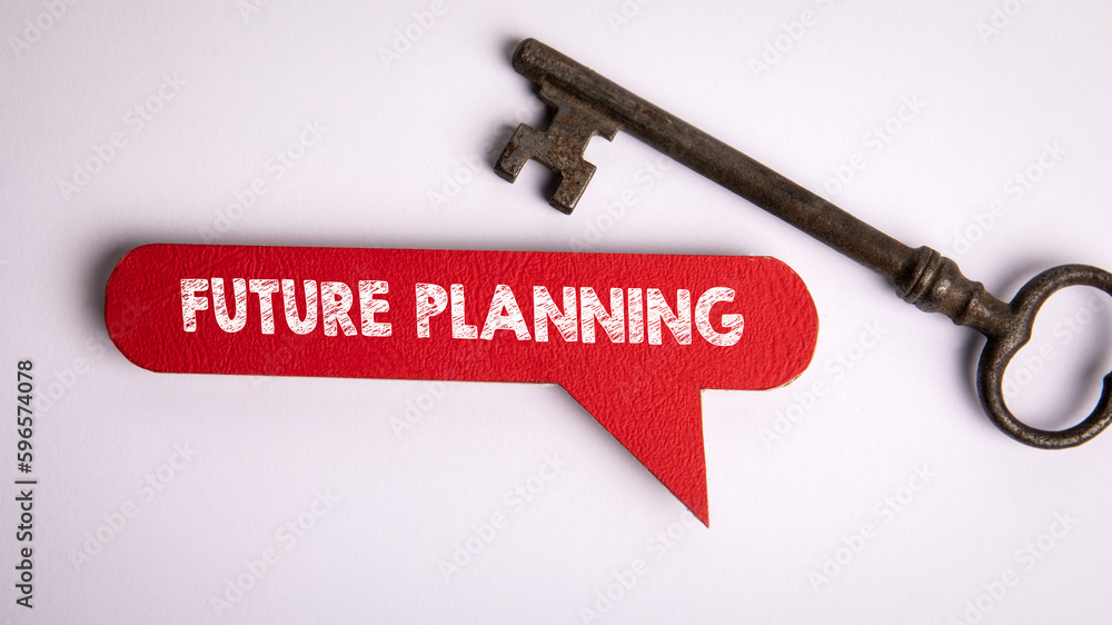 Wall mural future planning. red speech bubble with text and key on white background