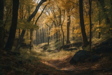 A backdrop of fall trees in the woods. Generative AI